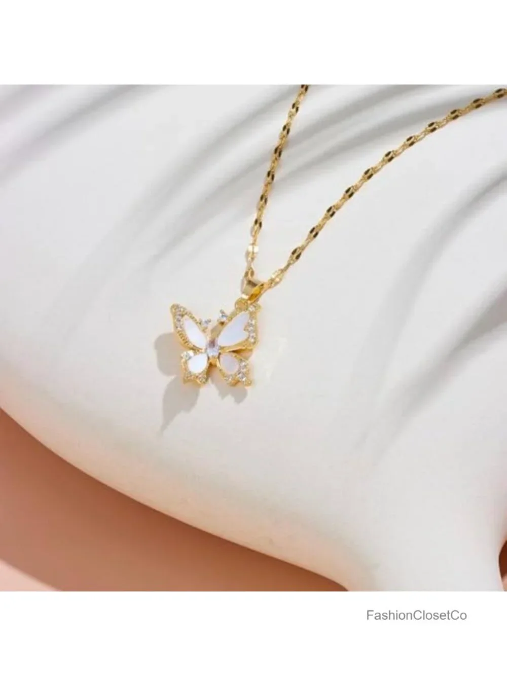 Stainless Steel Butterfly Pendant Necklace Adjustable Chain Cubic Zirconia Gold
